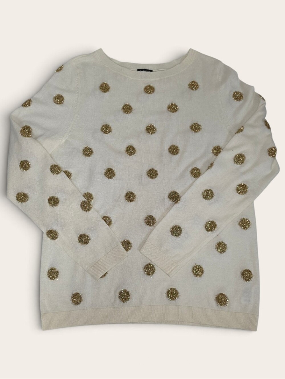 Talbot's Women's Cream Crewneck Sweater with Gold Tinsel Pom-Pom Dots